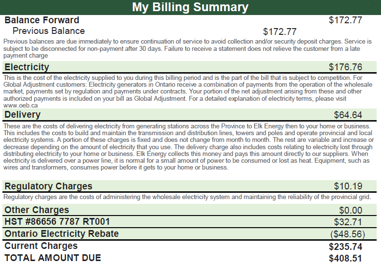 Billing Summary on bill